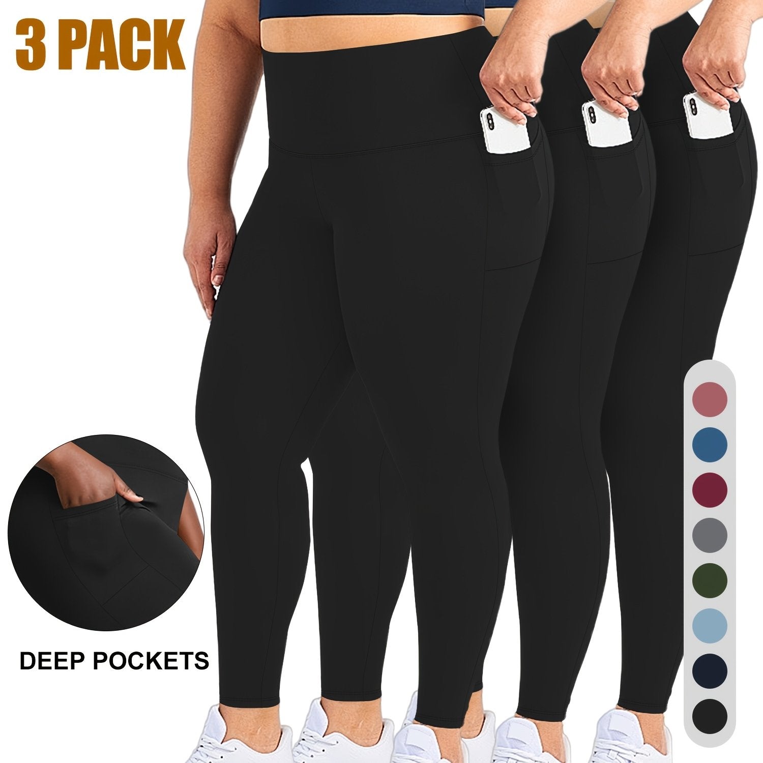 Plus Size High Waist Capri Leggings for Women 3 Pack, Stretchy Knit