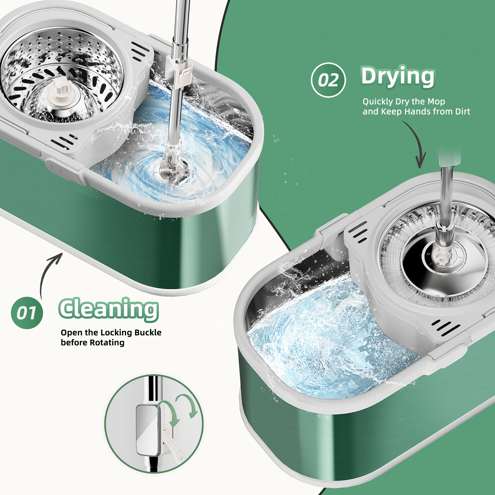 Green Spin Mop and Bucket Set with Stainless Steel Handle for Easy Floor Cleaning