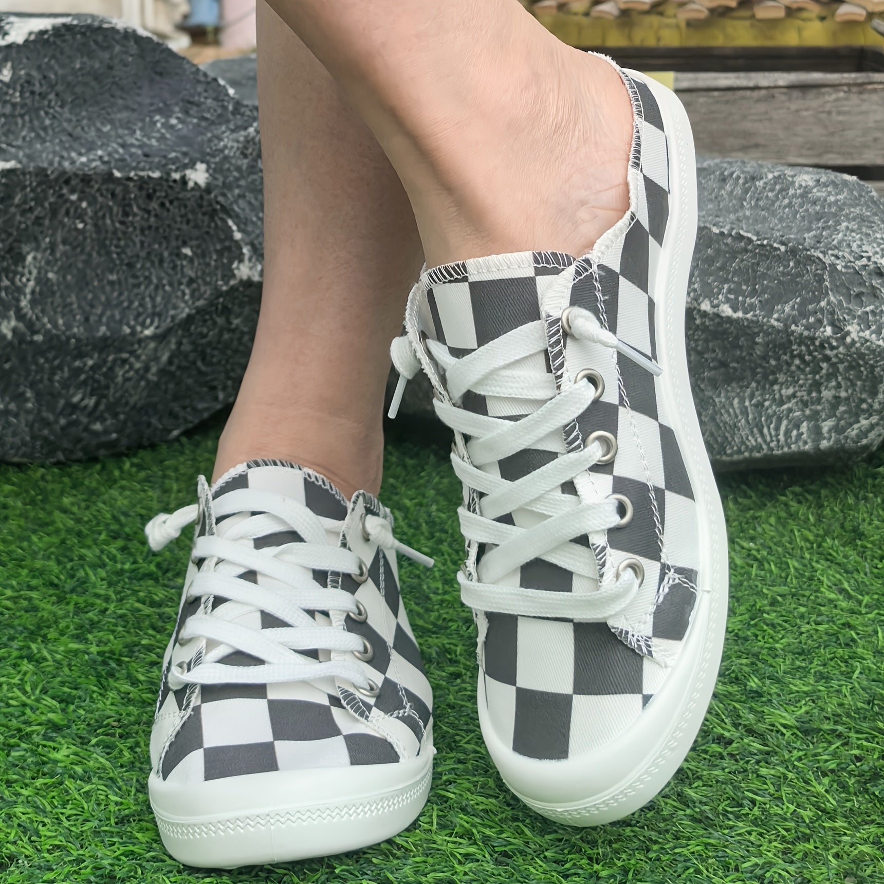 Women's Checkered Casual Sneakers Black and White Lace-Up Fabric Upper