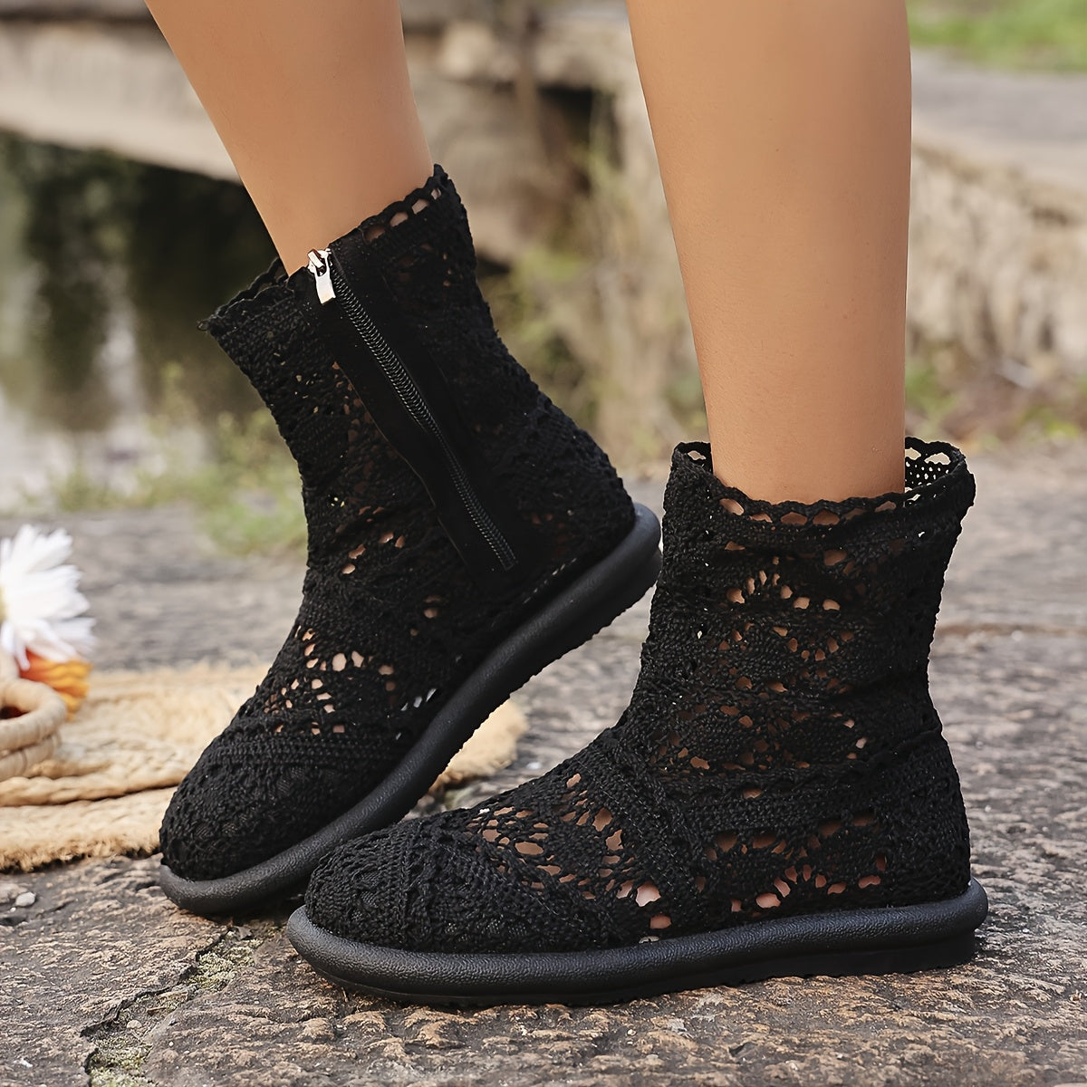 Women's Casual Ankle Boots Lace-Up Zipper Flat Toe Breathable Fabric