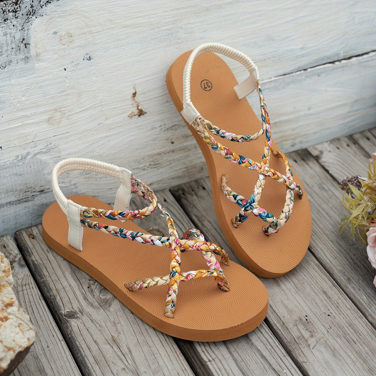 Women's Floral Flat Sandals Open-Toe Summer Shoes with Ankle Straps
