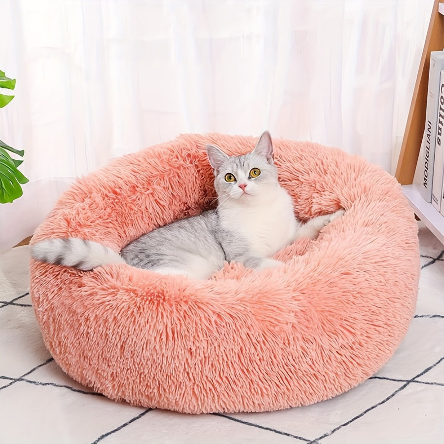Round Plush Cat Bed for Small Dogs Non-Slip Bottom Warm Fill Striped Design