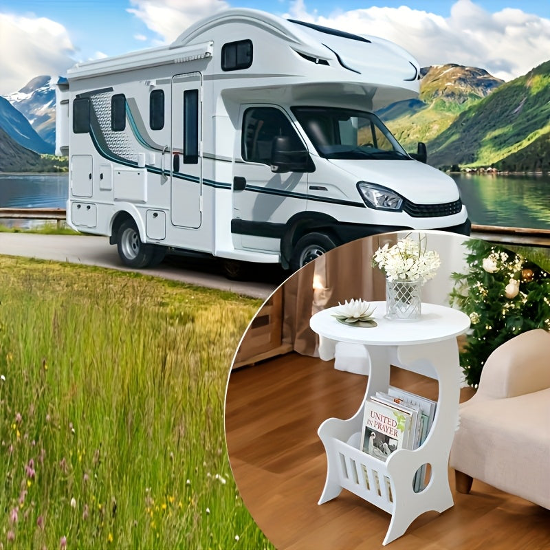 White Wooden Round Table Mini Nightstand with Open Storage for RVs and Home
