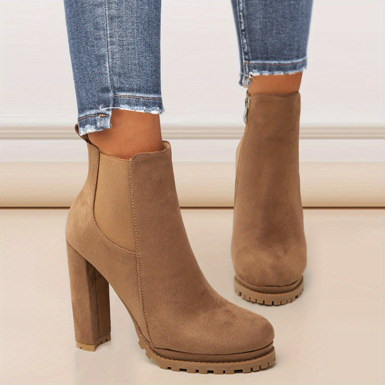 Women's Leather Pointed Toe Short Boots Side Zipper Chunky Heel