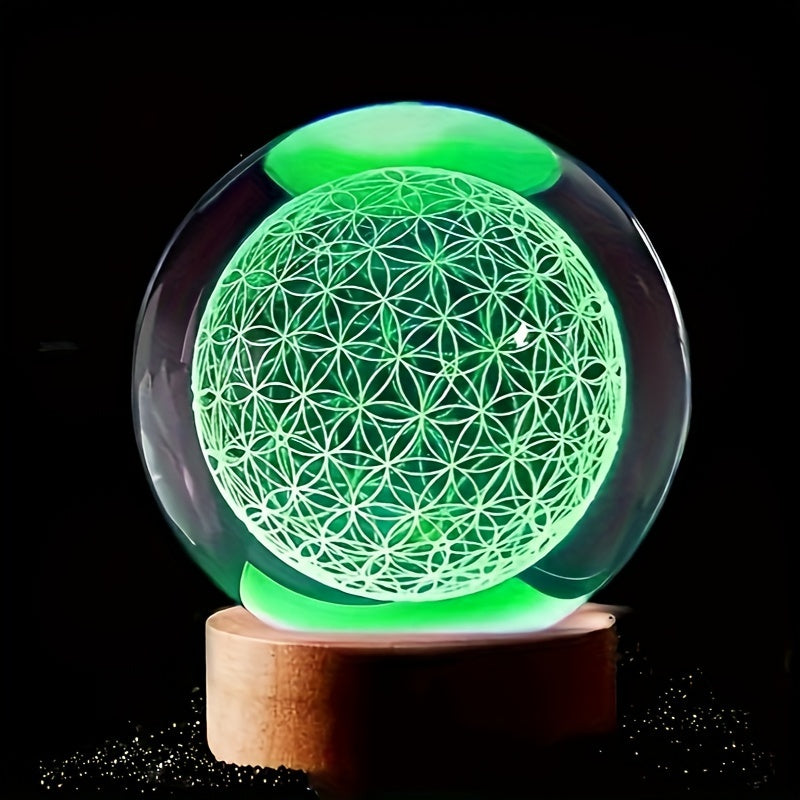 3D Crystal Ball Night Light with Color LED and Flower of Life Design for Home Decor