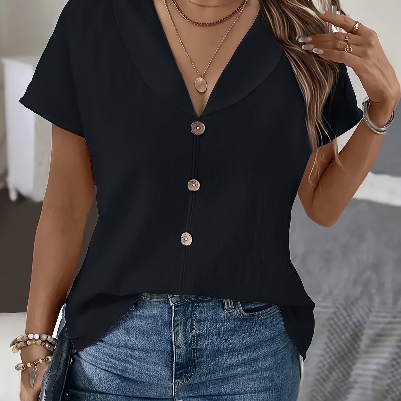 Plus Size Women's White Collared Blouse With Faux Button Details