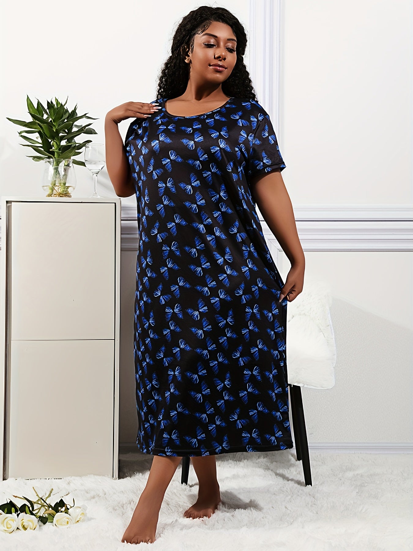 Plus Size Women's Colorful Butterfly Print Sleep Dress Casual Lounge Nightgown