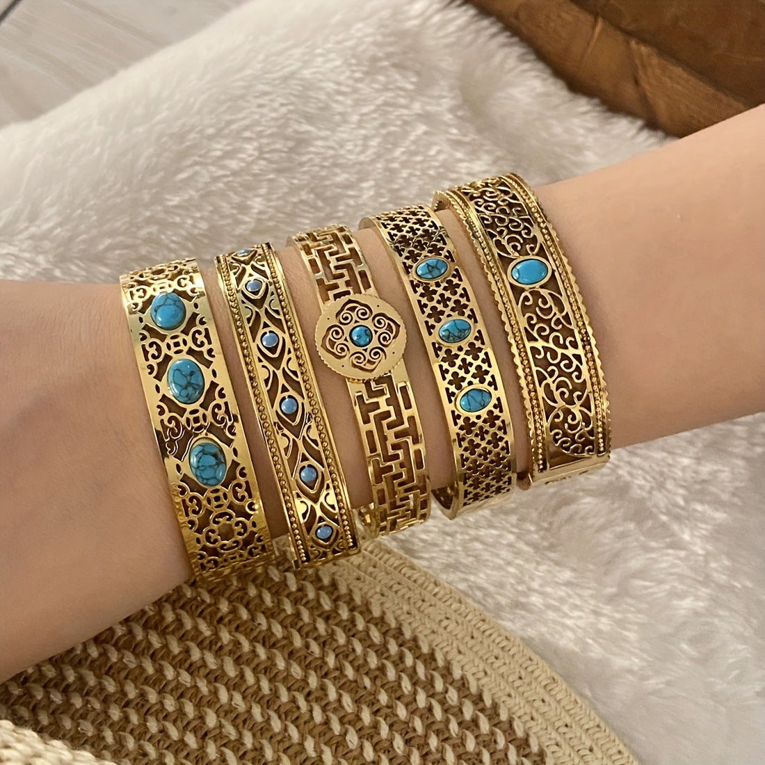Women's Vintage Style 18K Gold Plated Stainless Steel Bracelet with Turquoise Inlay and Hollow Pattern