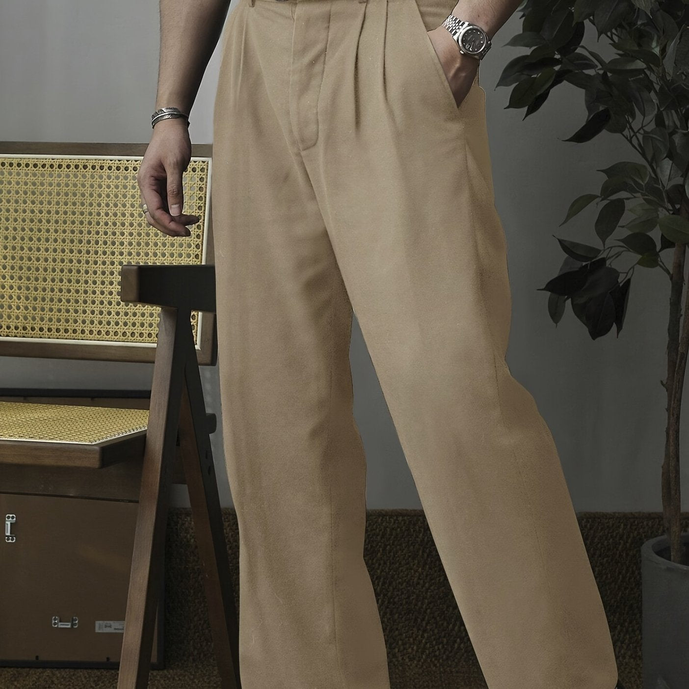 Pantalones de traje de cintura alta para hombre de color sólido, poliéster no elástico, casual, con pliegues y bolsillos, para todas las estaciones