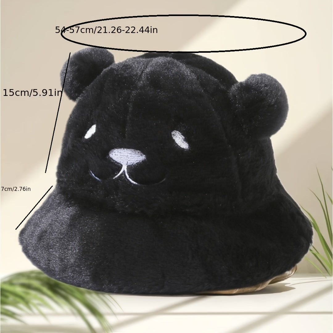 Women's Fuzzy Bucket Hat with Bear Embroidery Yellow White Cozy Winter Wear