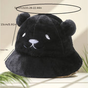 Women's Fuzzy Bucket Hat with Bear Embroidery Yellow White Cozy Winter Wear