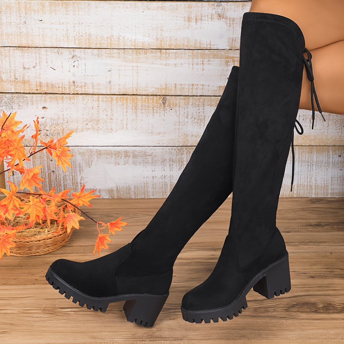 Women's Black Over-the-Knee Boots Casual Lace-Up Chunky Heel Winter