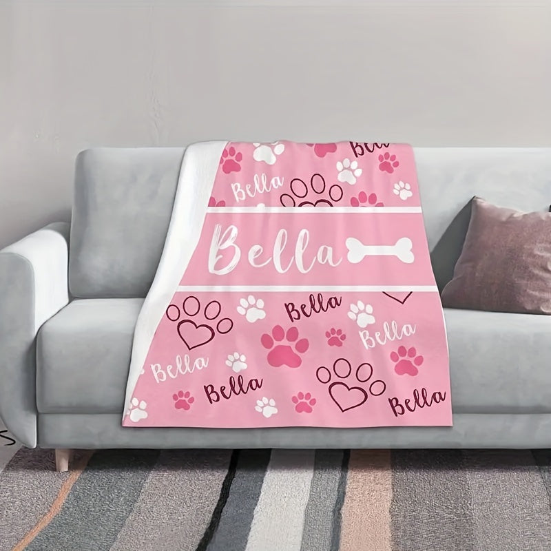 Personalized Dog Paw Print Flannel Blanket Soft Cozy Couch Bed Travel Camping All-Season
