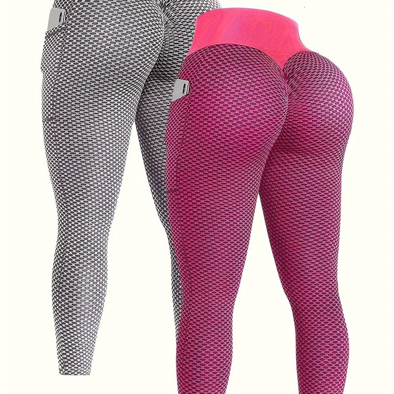 Ayollar uchun Seersucker yoga legginslar 2-to'plam, cho'ntaklar bilan, barcha mavsumga mos elastik