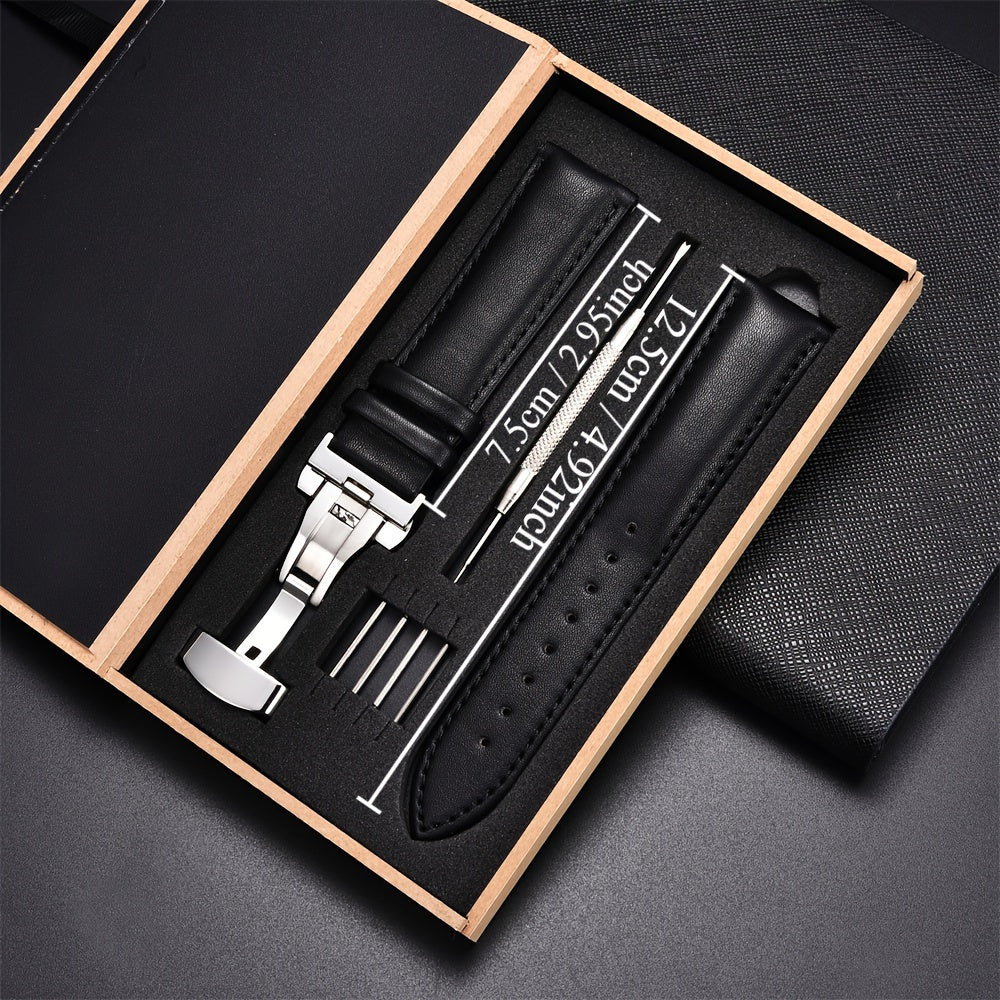 Men's Casual Watch Straps with Butterfly Clasp Soft PU Leather Bands 18mm 20mm 22mm 24mm Gift Box