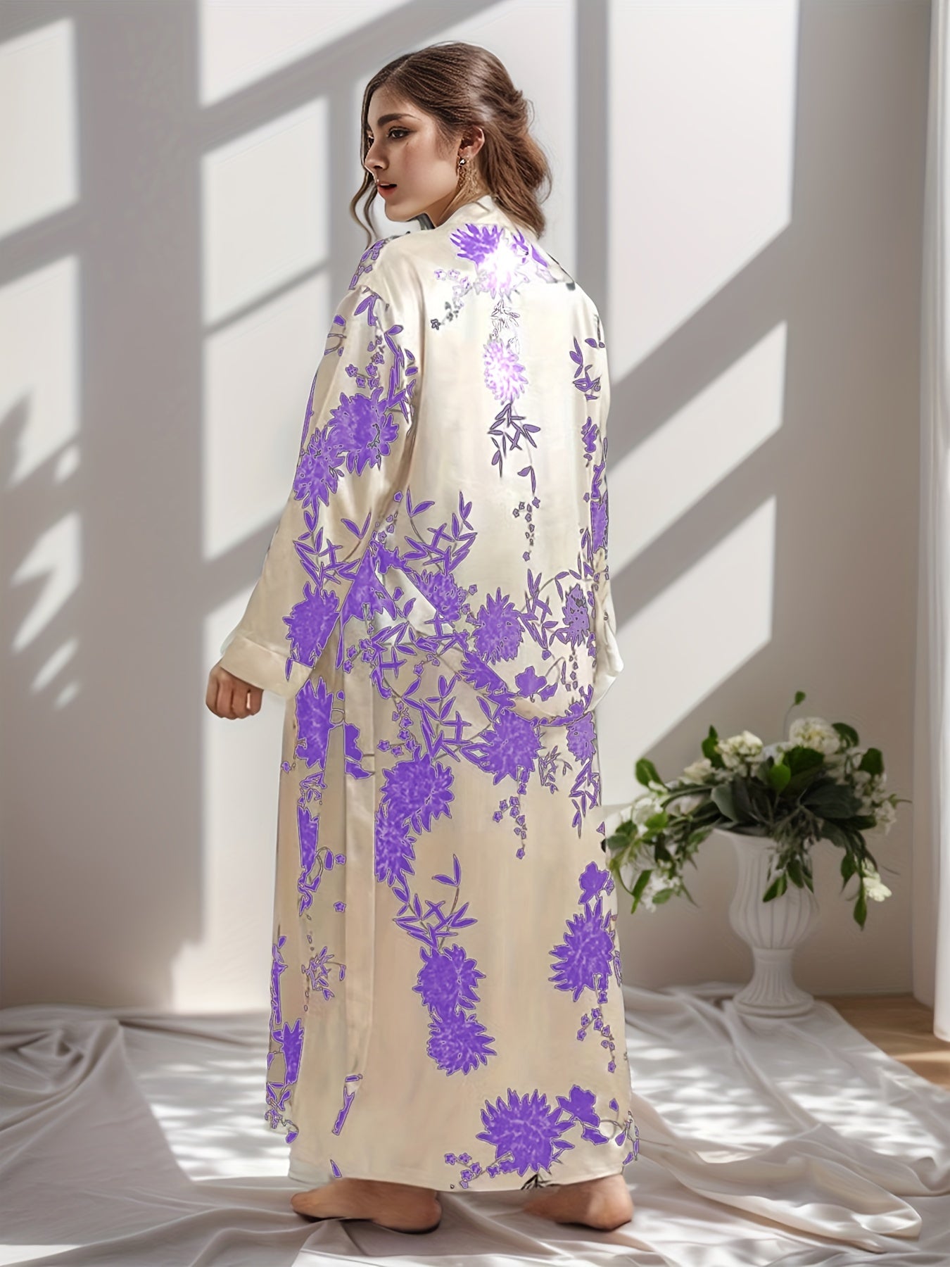 Women Plus Size Satin Floral Print Lounge Robe Long Sleeve Open Front