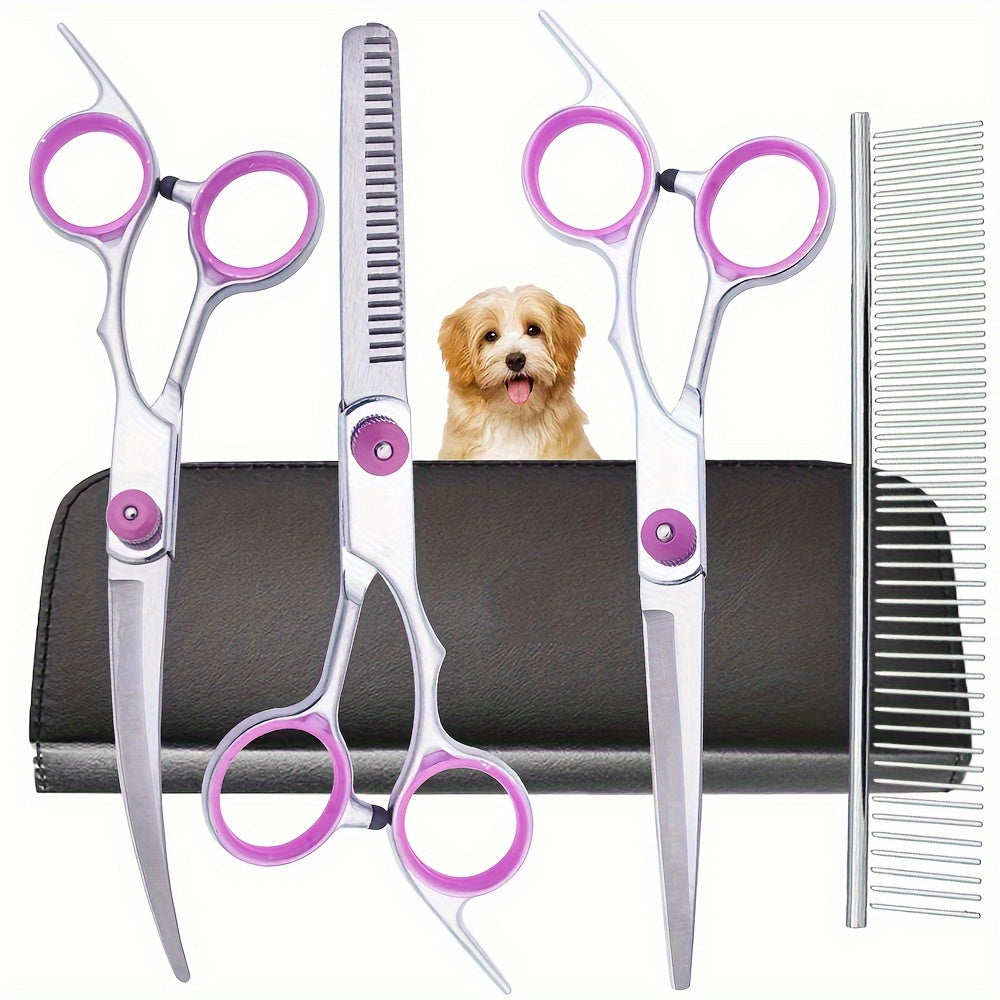 Professional Pet Grooming Kit for Dogs and Cats Stainless Steel 5-in-1 with Curved Shears and Comb