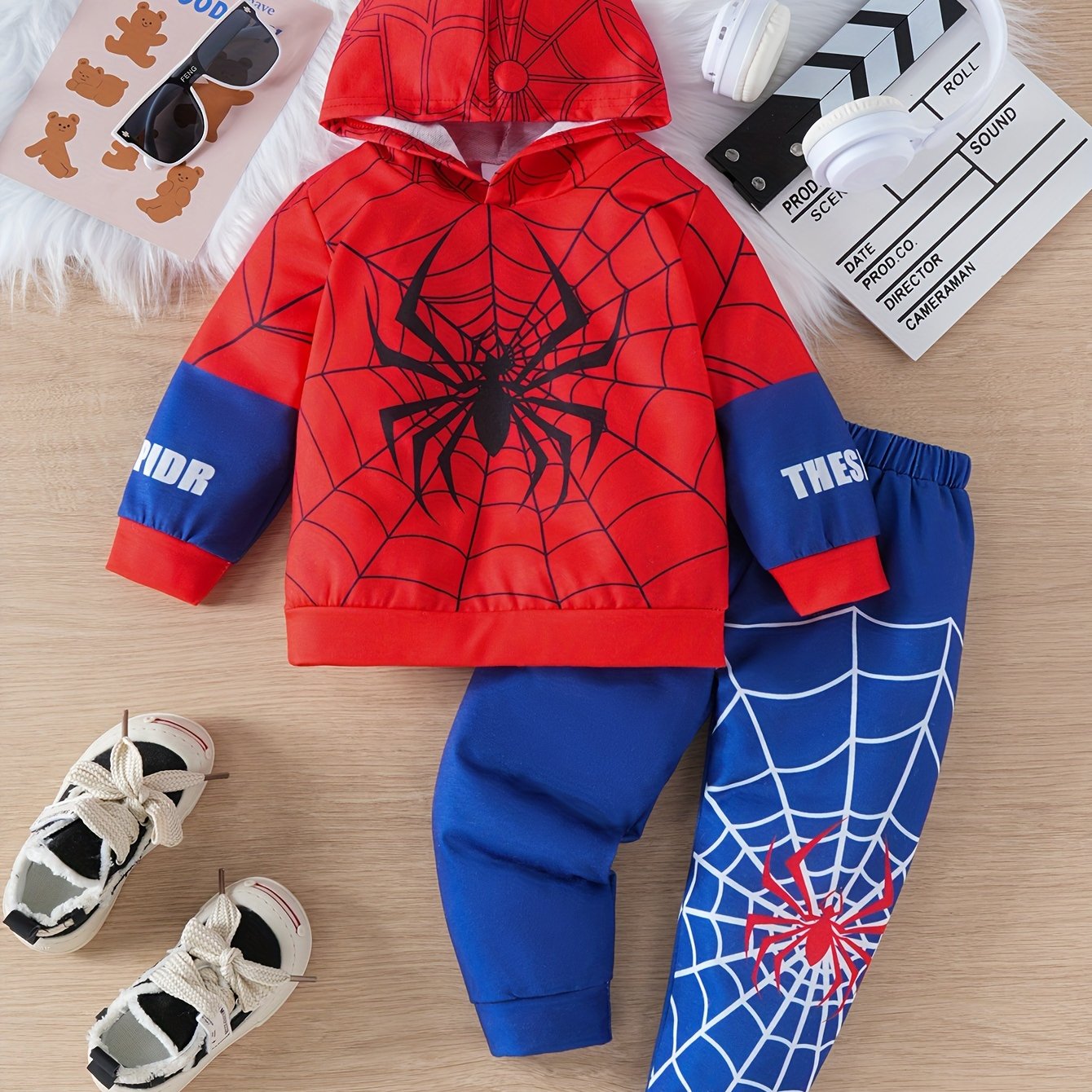 Boy's Spider Print Hoodie and Pants Set Casual Polyester for Daily Outdoor Wear
