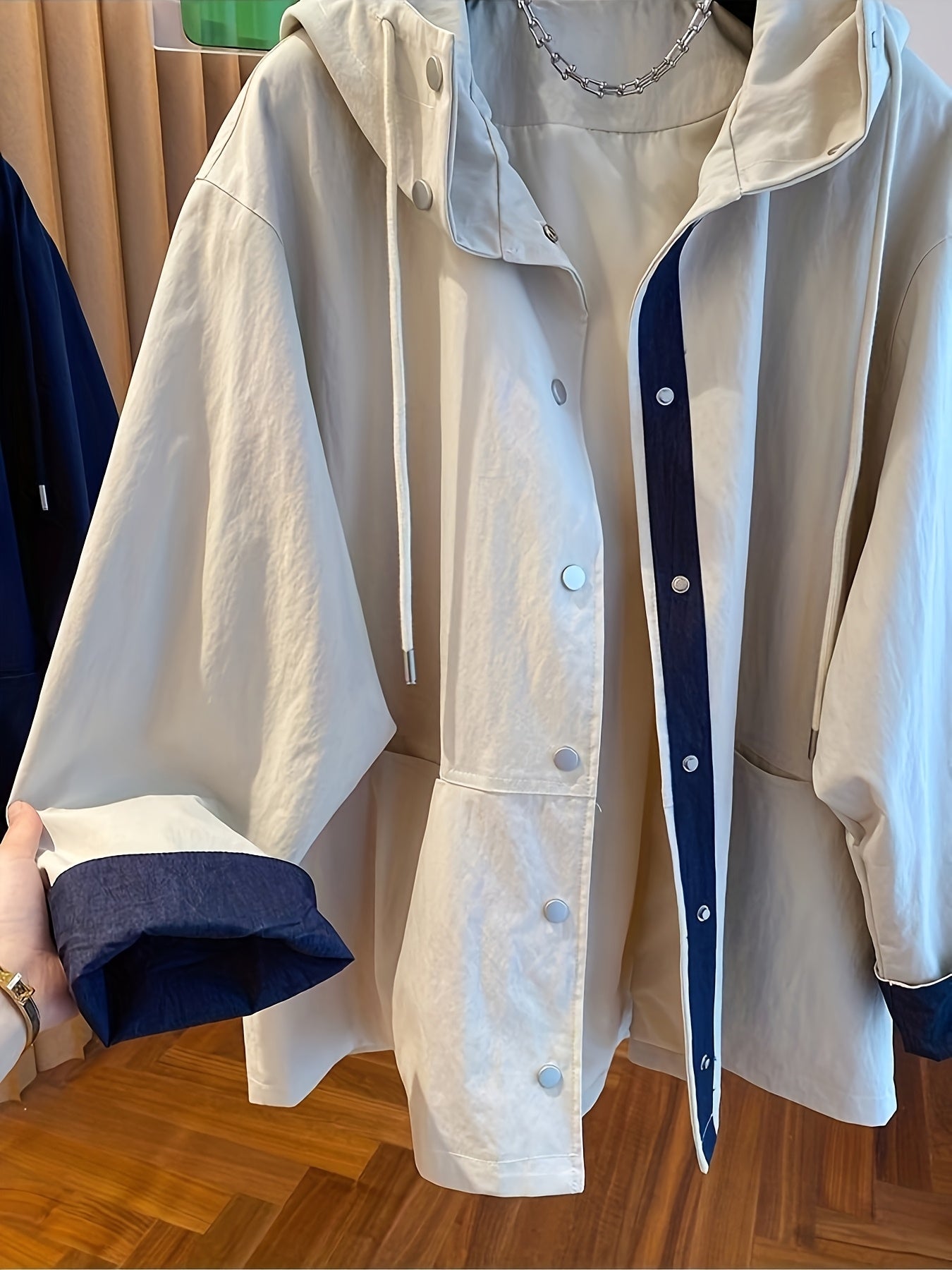 Women's Hooded Windbreaker Jacket Spring Fall Loose Fit Polyester Solid Color