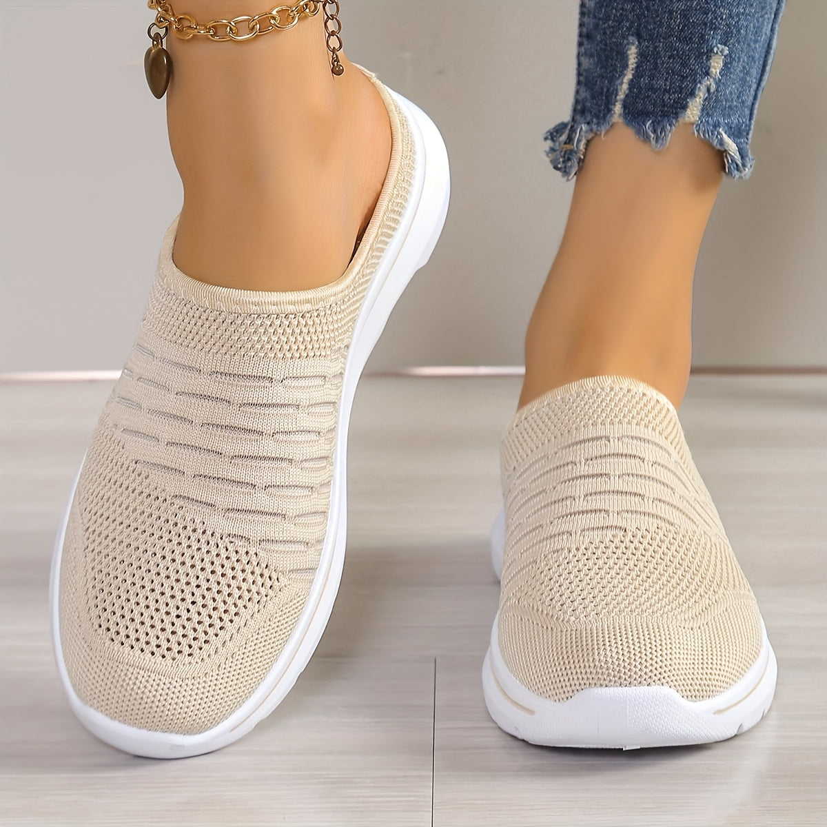 Ayollar uchun nafas oladigan trikotaj mules slip-on platform poyabzal, bej, dengiz, pushti, kulrang