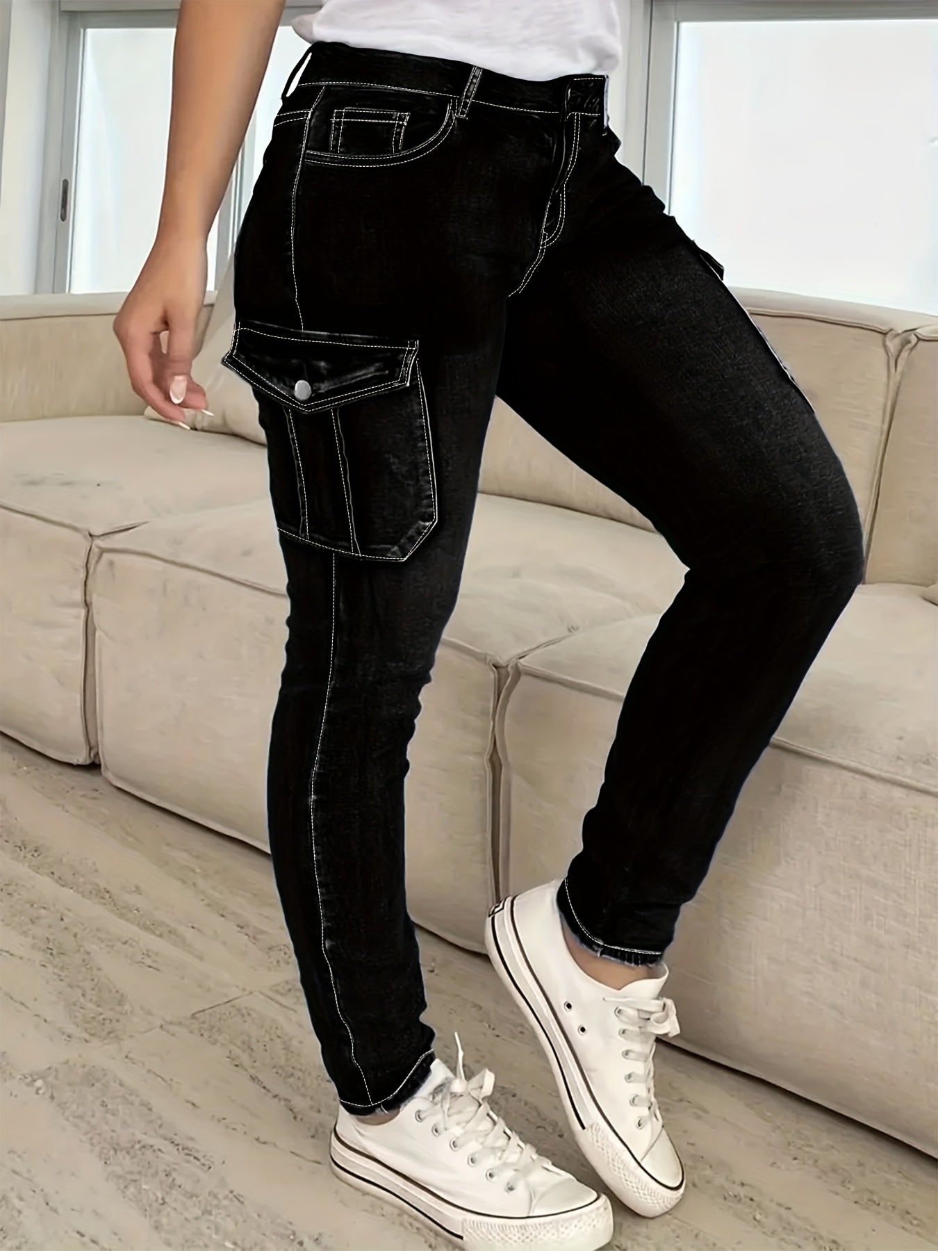 Women Plus Size Black Cargo Jeans with Pockets High Waist Stretchy Denim