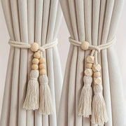 Set of 2 Bohemian Wooden Bead Curtain Tiebacks with Tassels for Living Room and Bedroom