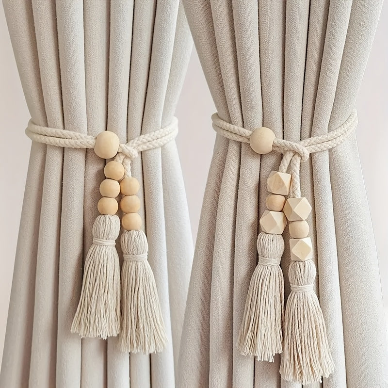 Set of 2 Bohemian Wooden Bead Curtain Tiebacks with Tassels for Living Room and Bedroom