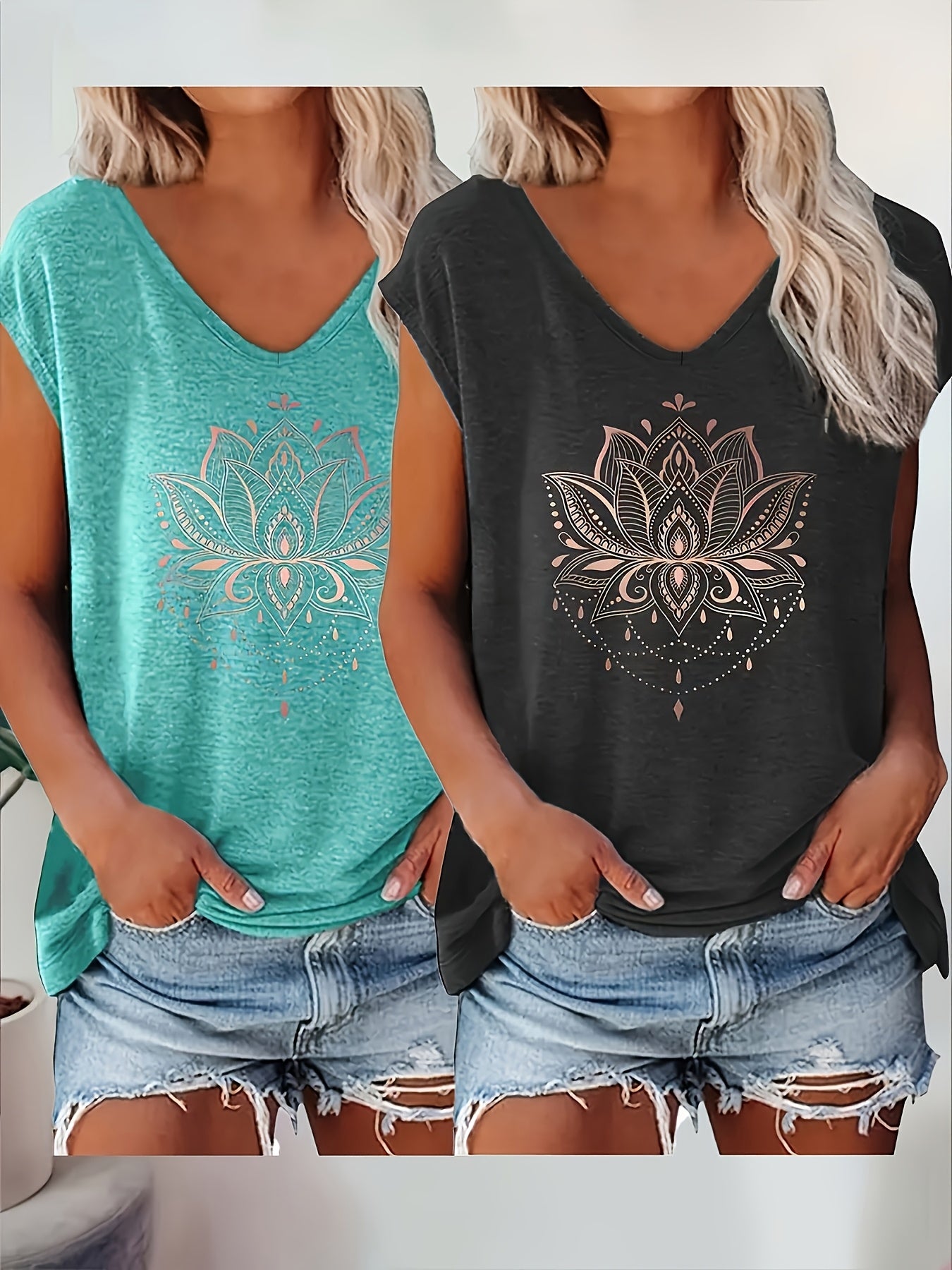 Plus Size Women's V-Neck T-Shirts Set with Floral Print Short Sleeve Casual Tops