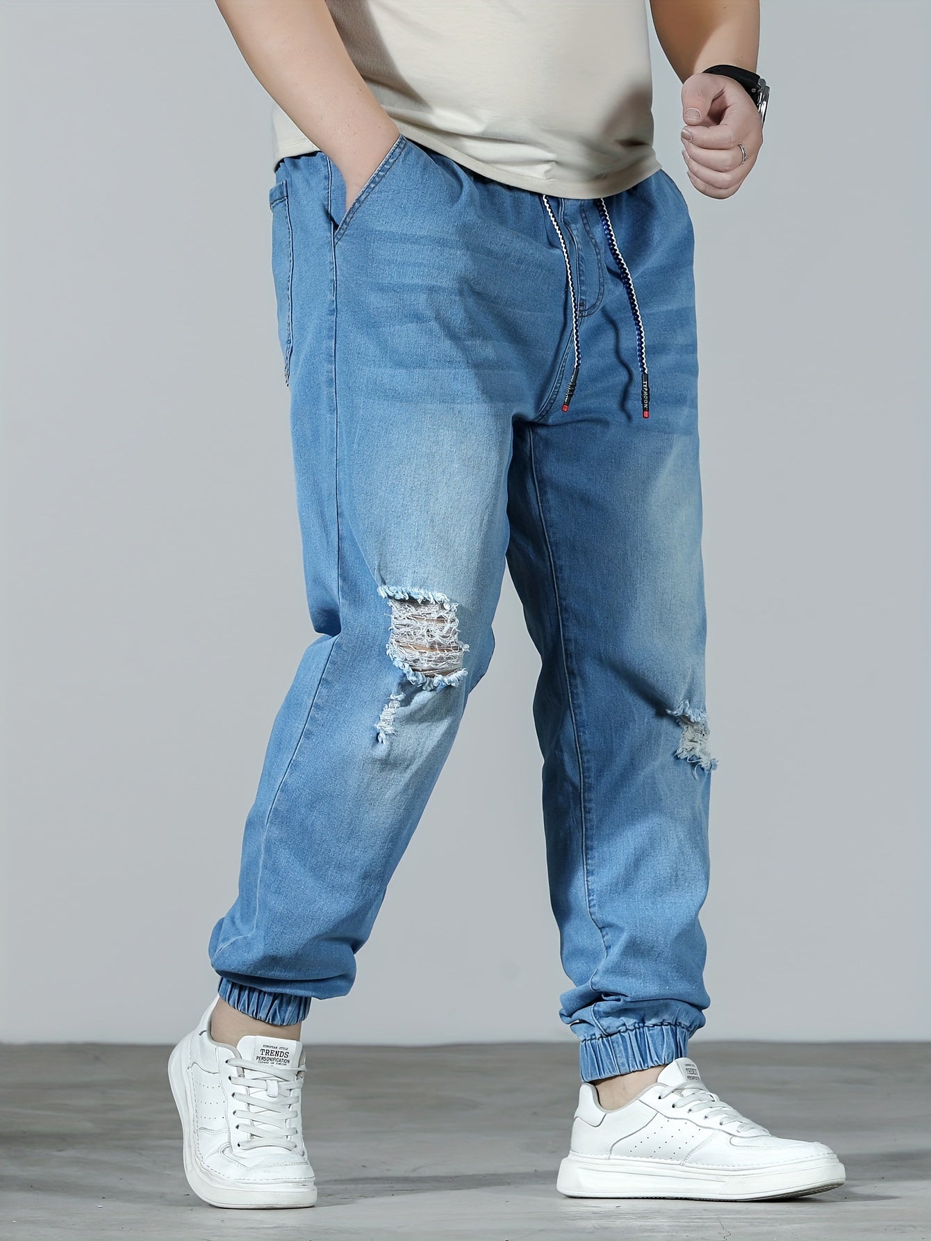 Plus Size Men's Distressed Ripped Denim Joggers Cotton Blend All-Season Casual