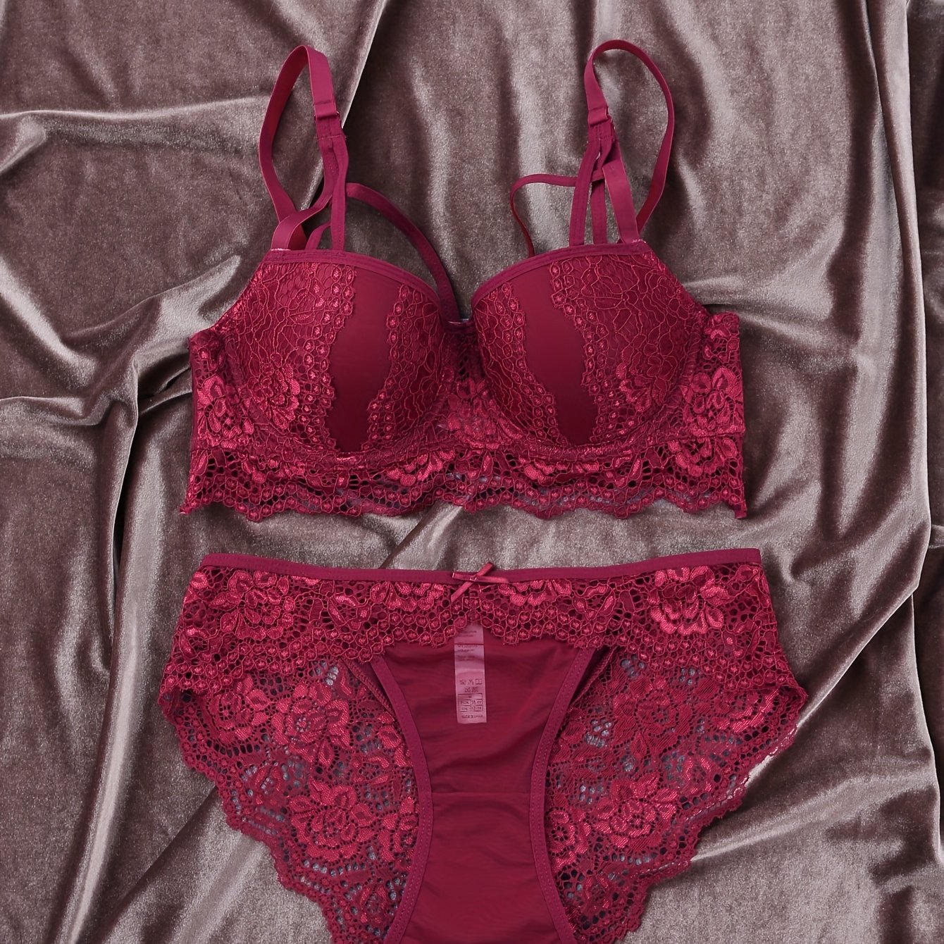 Women's Lace Cross-Back Bra and Panty Set with Bow and Push-Up Bra