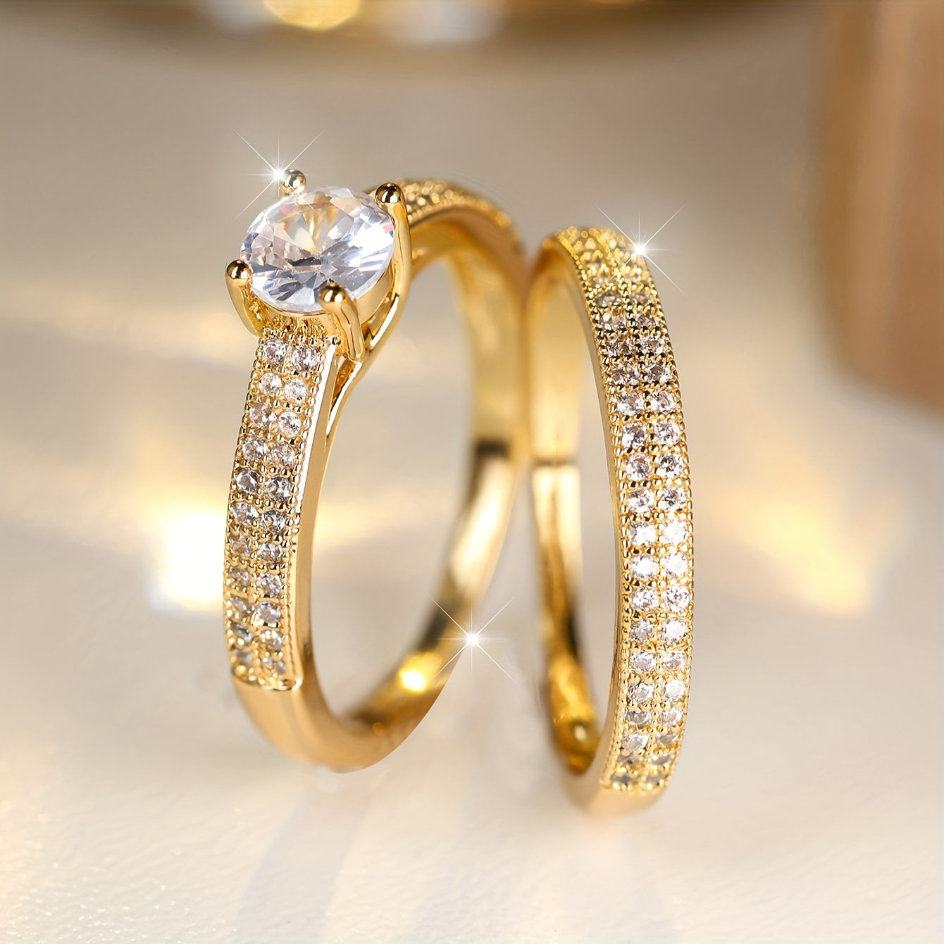 Bohemian Bridal Ring Set with Cubic Zirconia Copper Wedding Band for Women