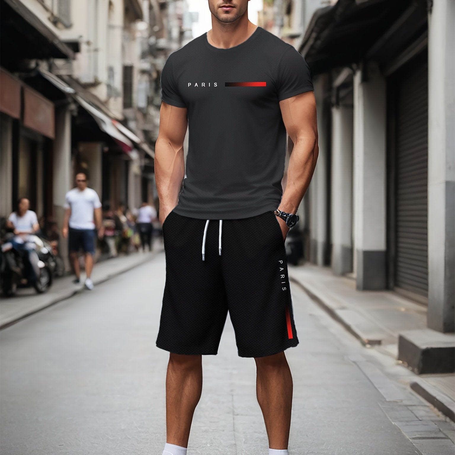 Erkaklar yozgi sport to'plami, "PARIS" bosma, chiziqli naqsh, ozgina cho'ziluvchan, polyester va spandeks aralashmasi bilan crew neck T-ko'ylak va shortilar.