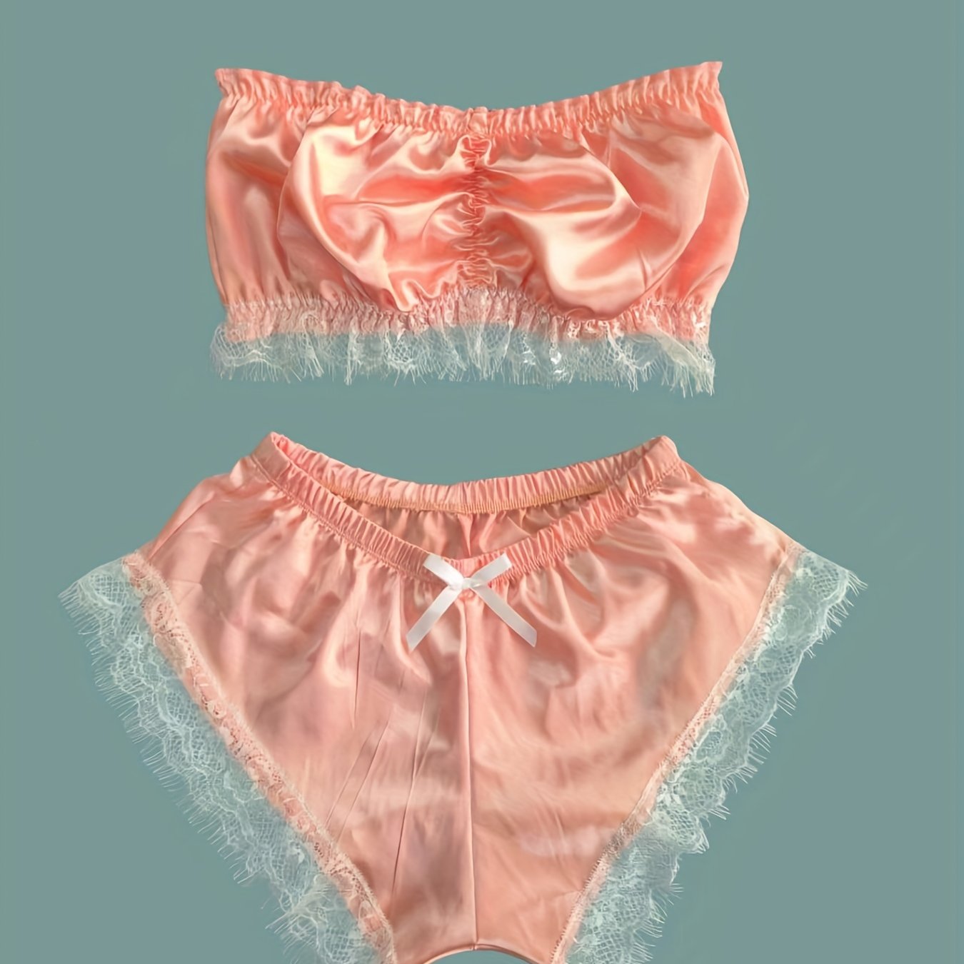 Women's Satin Sleepwear Set with Lace Trim Strapless Pajama Top and Shorts