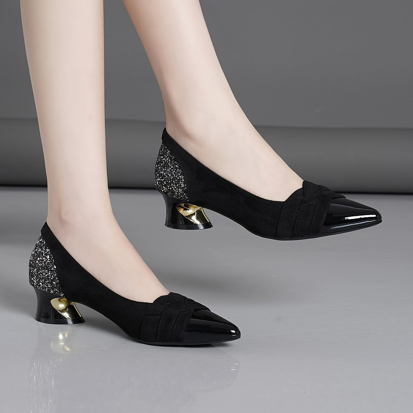 Women's Black Pointed Toe High Heels with Rhinestones and Chunky Heel