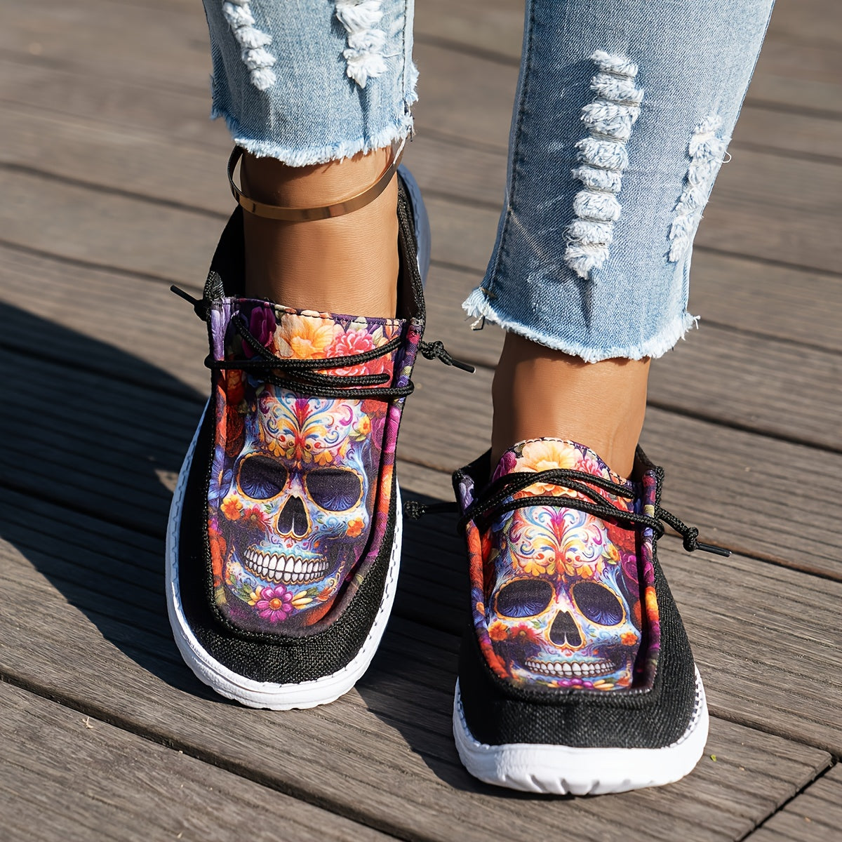 Women Black Loafers with Colorful Skull Design Breathable Non-Slip Slip-On
