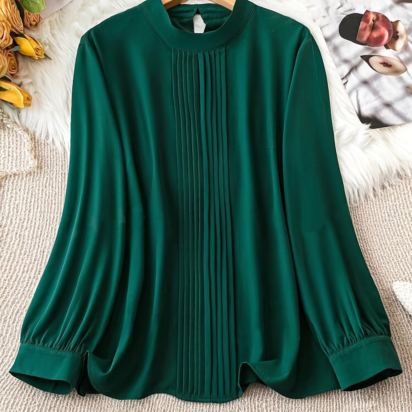 Plus Size Elegant Pleated Blouse with Crew Neck Long Sleeves for Spring