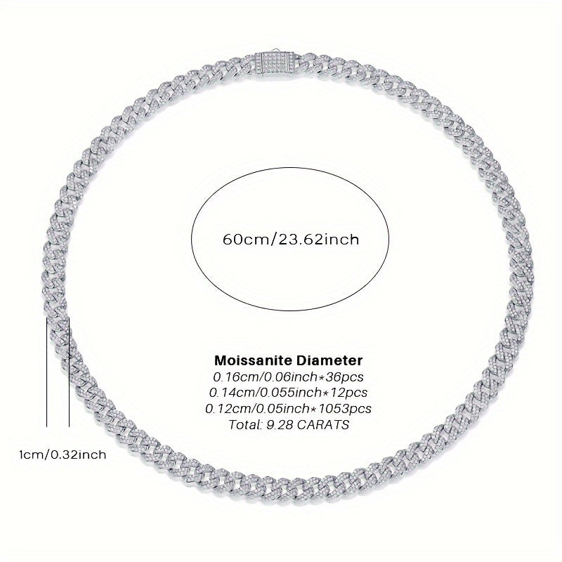 Sterling Silver Cuban Chain Necklace with Moissanite for Men and Women