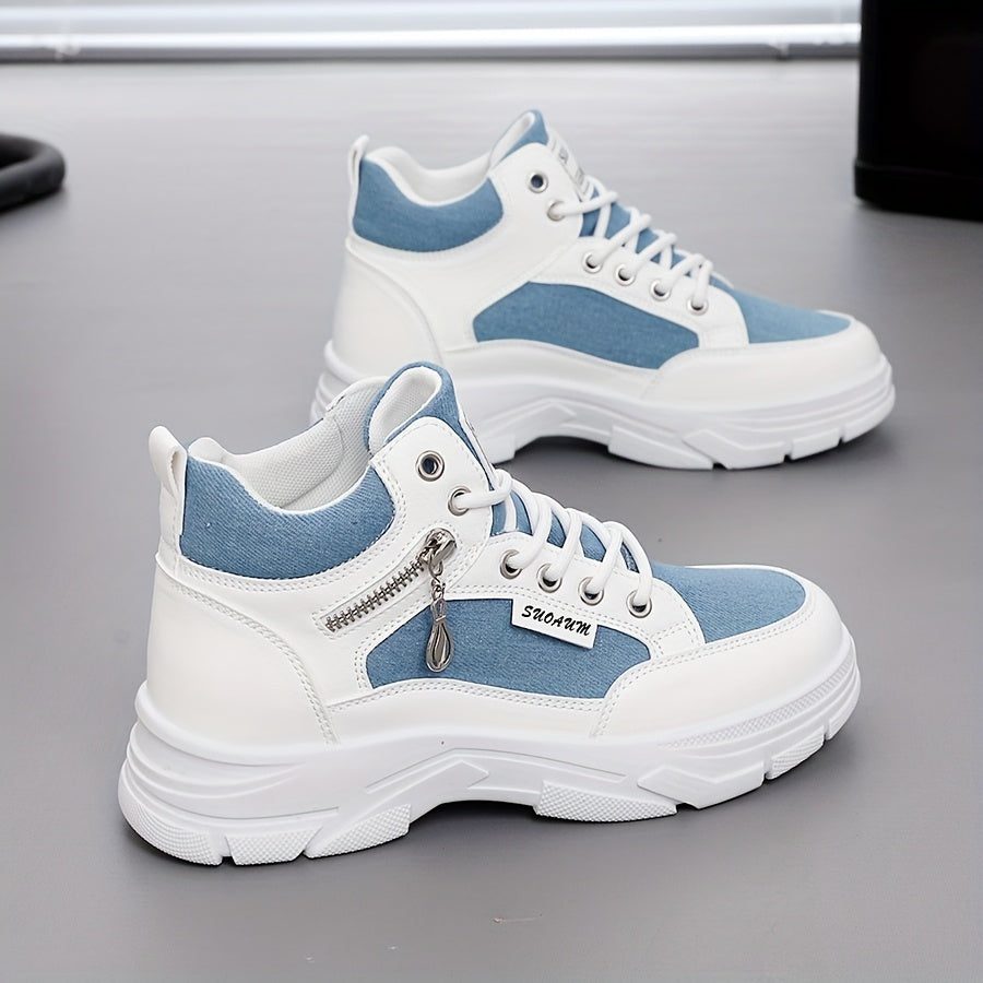 Women’s Leopard Blue White High-Top Sneakers with Thick Sole
