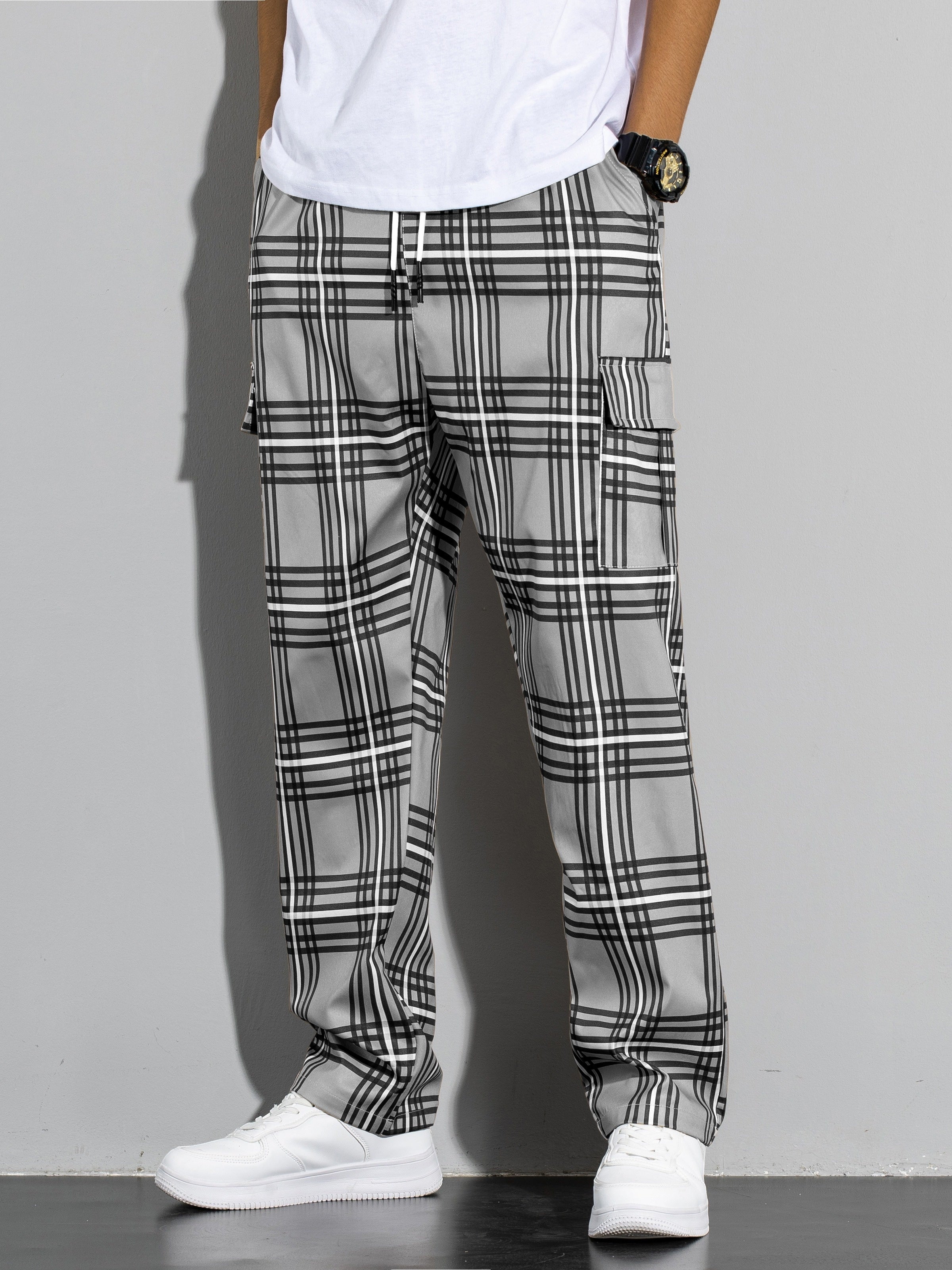 Adult Plaid Cargo Pants with Multiple Pockets and Slight Stretch Fabric