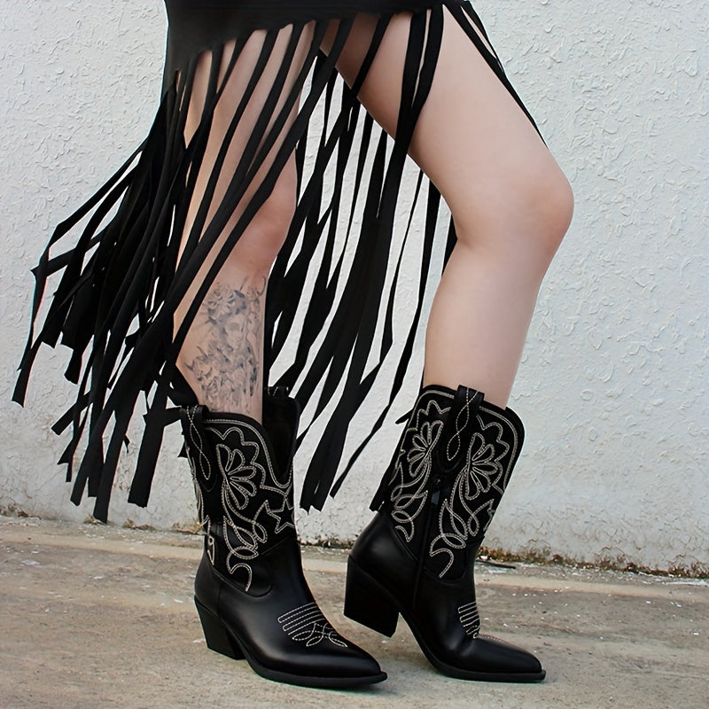 Women’s Western Cowboy Boots Black High Heel Dress Shoes Pointed Toe