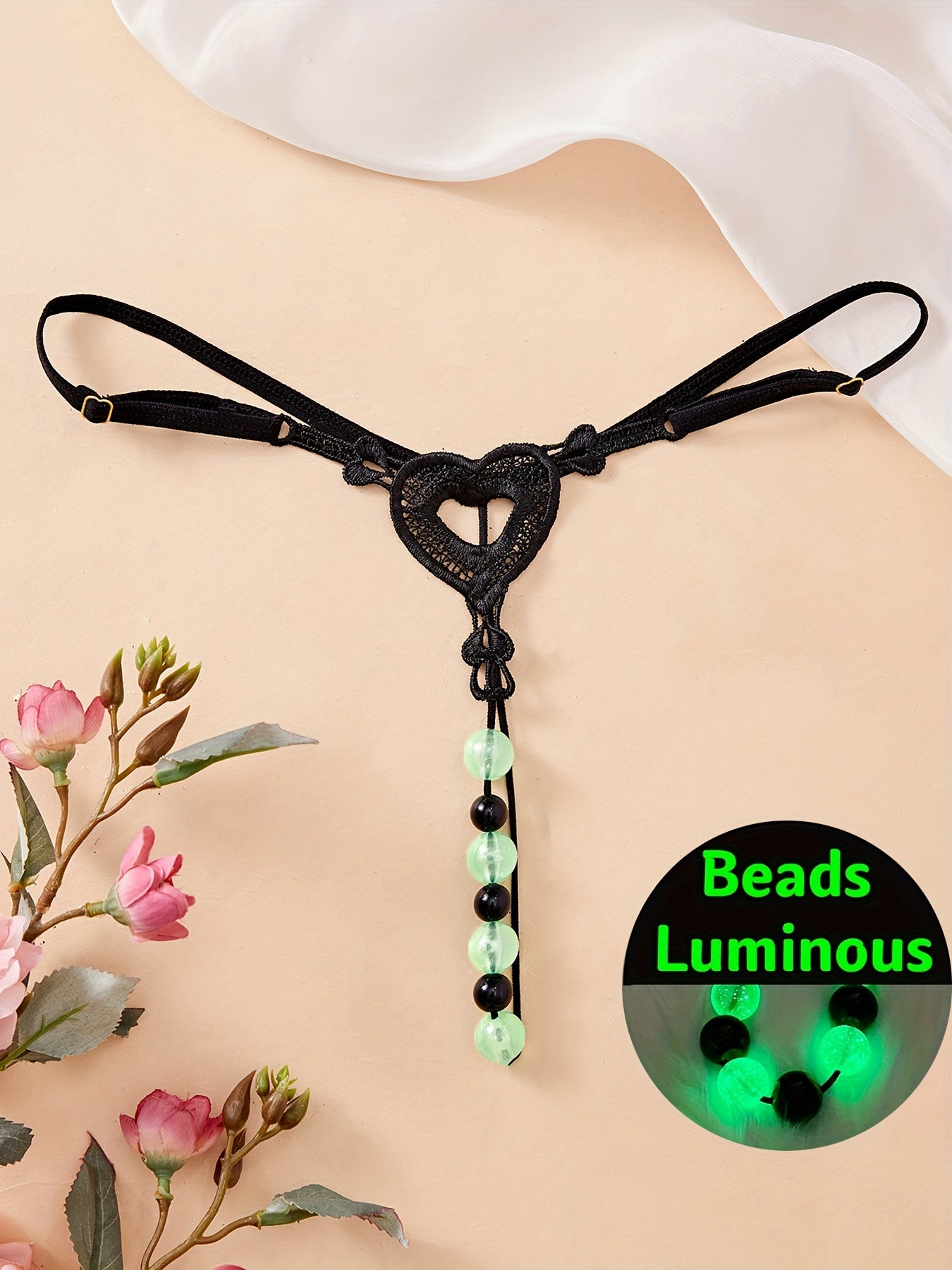 Adult Beaded Polyester Thong with Heart Drop Waist Luminous Bead Accents Knit Fabric Lingerie
