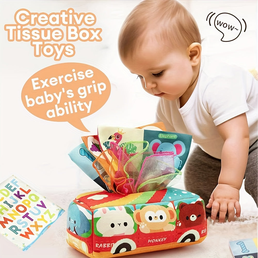 Animal Sensory Learning Toy Set with Tissue Box, Scarf and Crinkle Paper for Kids