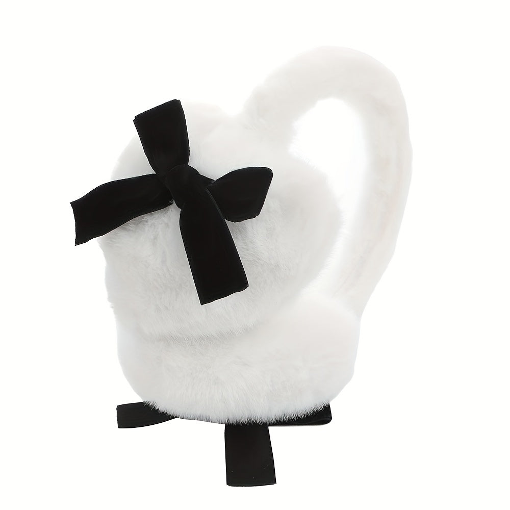 Women's Plush Heart-Shaped Earmuffs with Black Bow Warm Cozy Winter Accessory