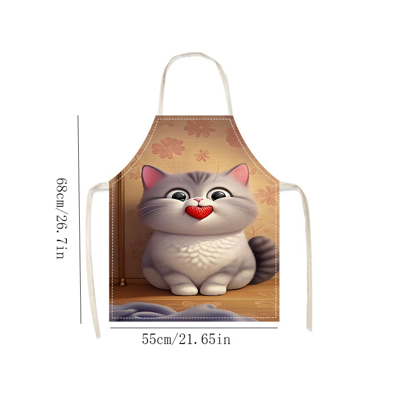 Cat-Inspired Linen Apron for Adults, Sleeveless, Floral Pattern, Lightweight Kitchen Garment