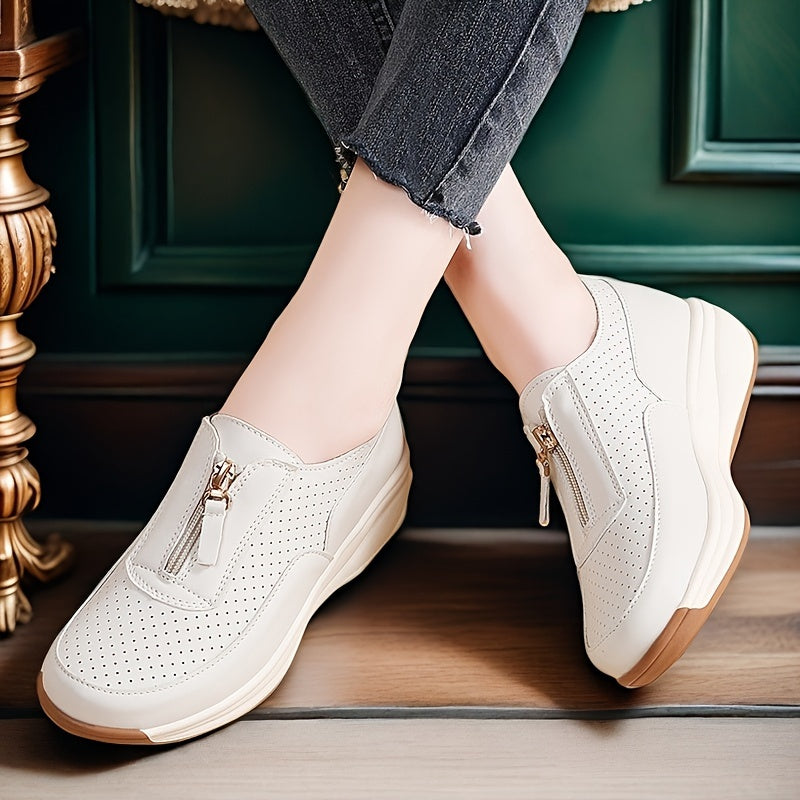 Women's Beige Perforated Casual Sneakers with Zipper, Thick Sole and Anti-Slip