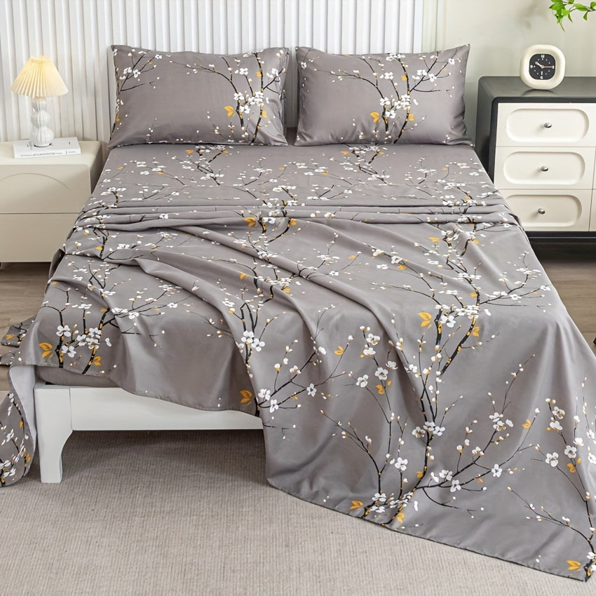 Floral Branch Microfiber Fitted Sheet Set with Deep Pockets and Pillowcases