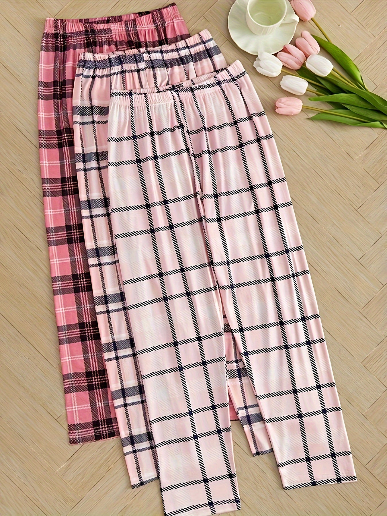 Women's Plaid Lounge Pants Elastic High Waist Cropped Sleepwear Loungewear
