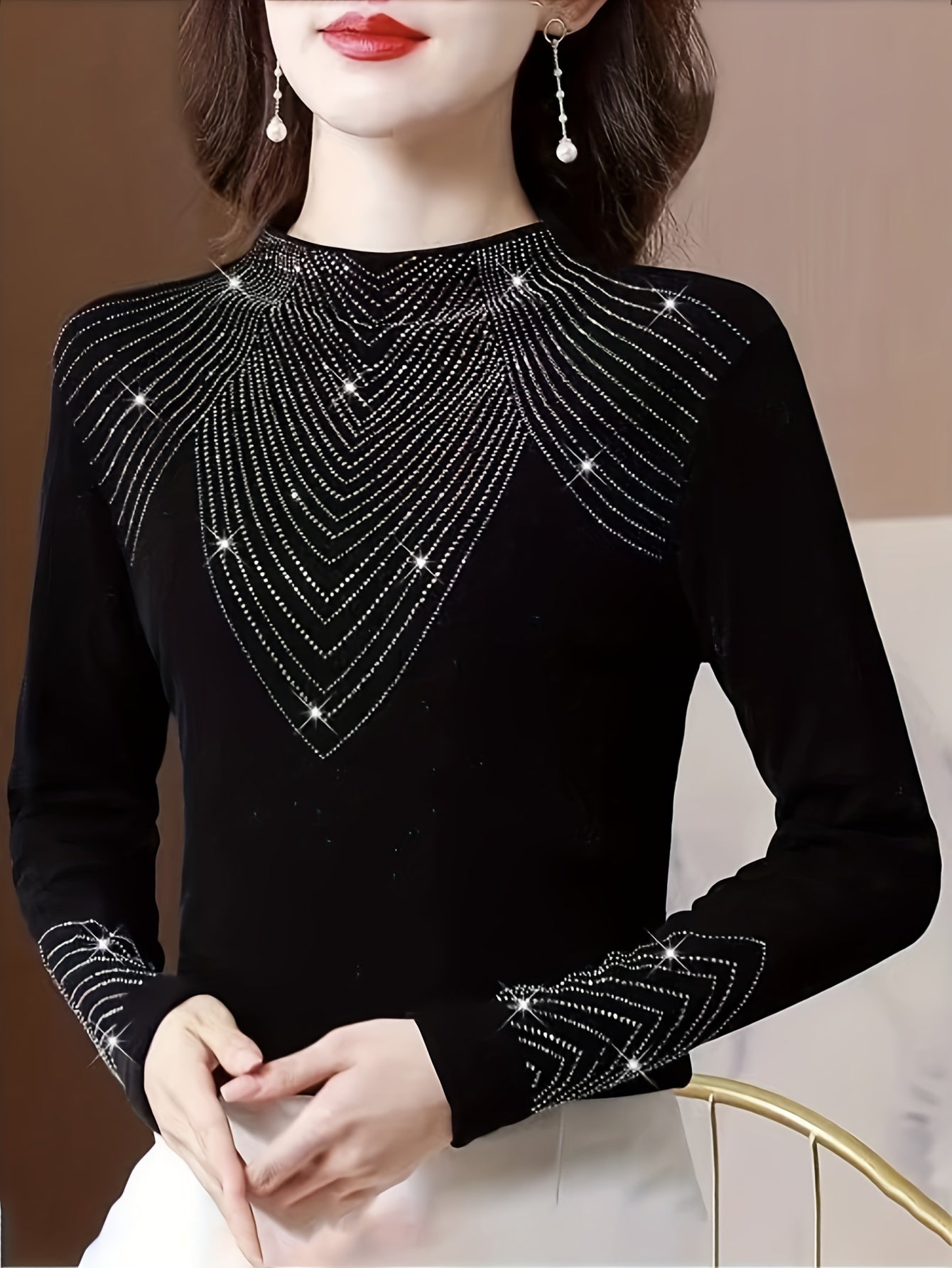 Women's Sweater with Rhinestone Decoration Long Sleeve Fall Winter Cozy Slim Fit