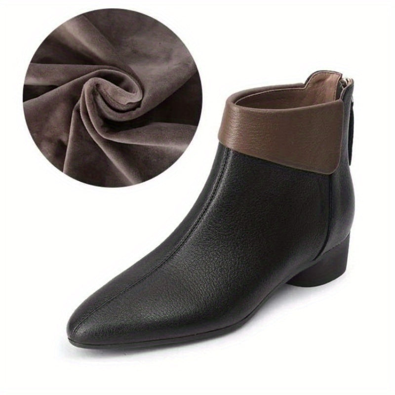 Women Ankle Boots Faux Cover Leather Mid-Heel Side Zipper Pointed Toe