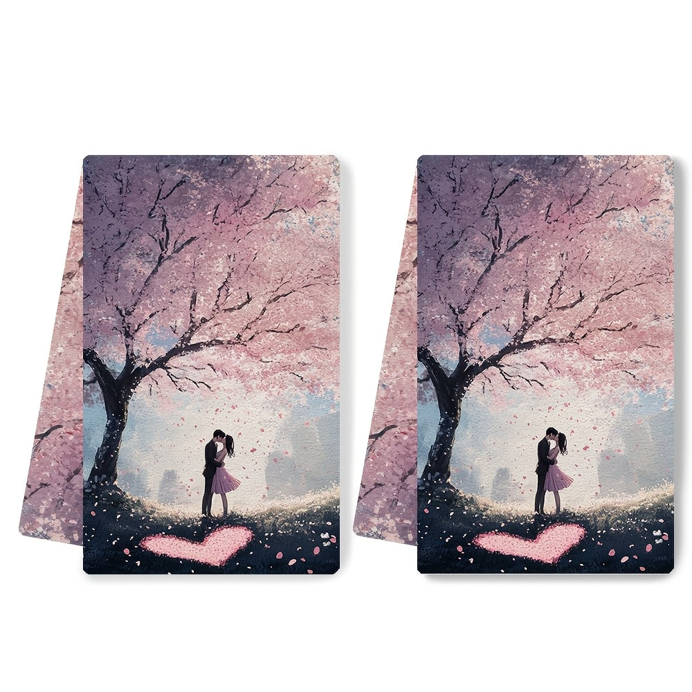Kitchen Towels Set of 2 Ultra Soft Romantic Cherry Blossom Scene 16x24